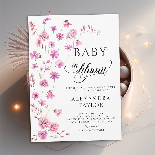 Baby in Bloom Wildflowers Script Baby Girl Shower Invitation