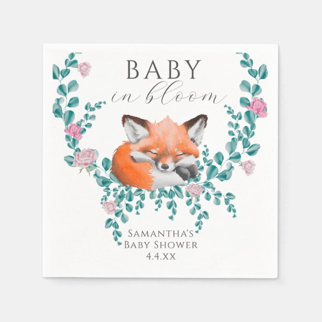 Baby in Bloom Woodland Fox Greenery Baby Shower Napkins (Front)