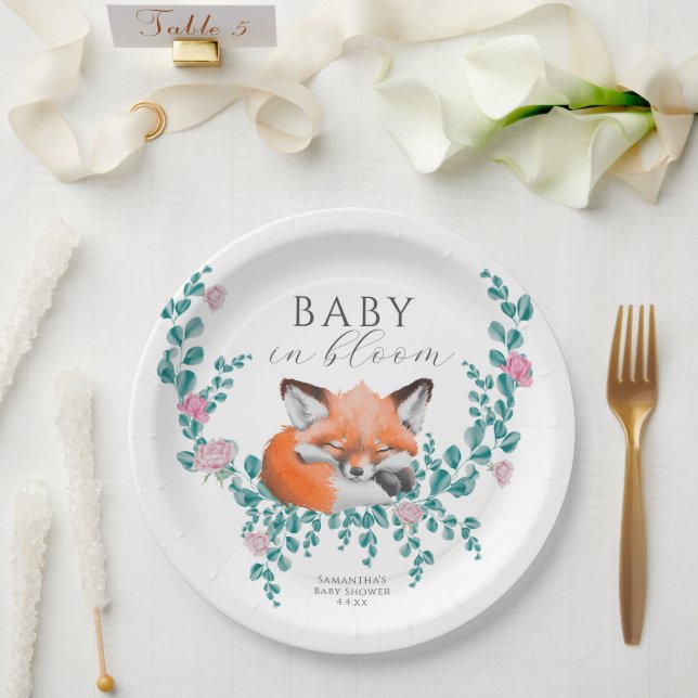Baby in Bloom Woodland Fox Greenery Baby Shower Paper Plates (Wedding)