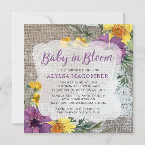 Baby in Bloom Yellow Purple Baby Shower Invitation