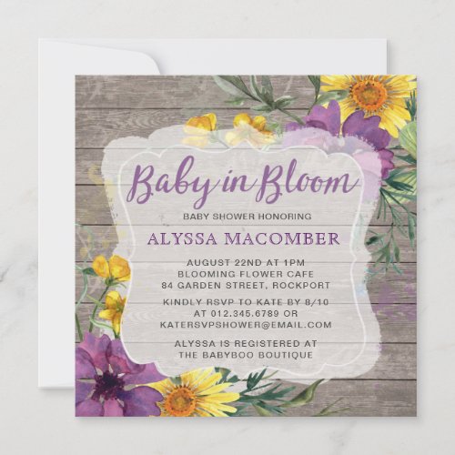 Baby in Bloom Yellow Purple Baby Shower Invitation
