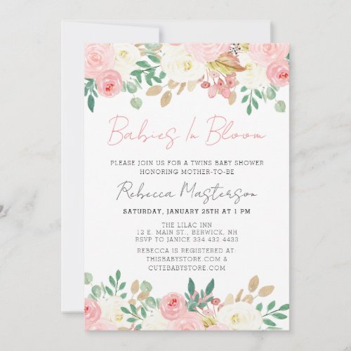 Baby In Blooms Blush Pink Floral Twins Baby Shower Invitation