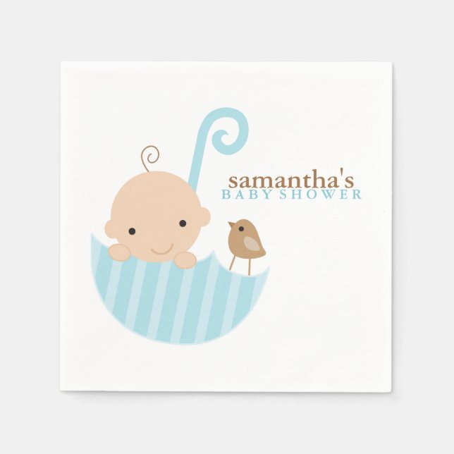 Baby in Blue Umbrella Baby Shower Napkins (Front)