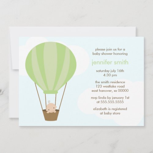 Baby in Green Balloon Personalized Invites
