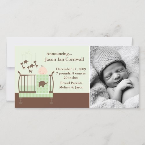 Baby in Green Crib Photo Birth Announcements