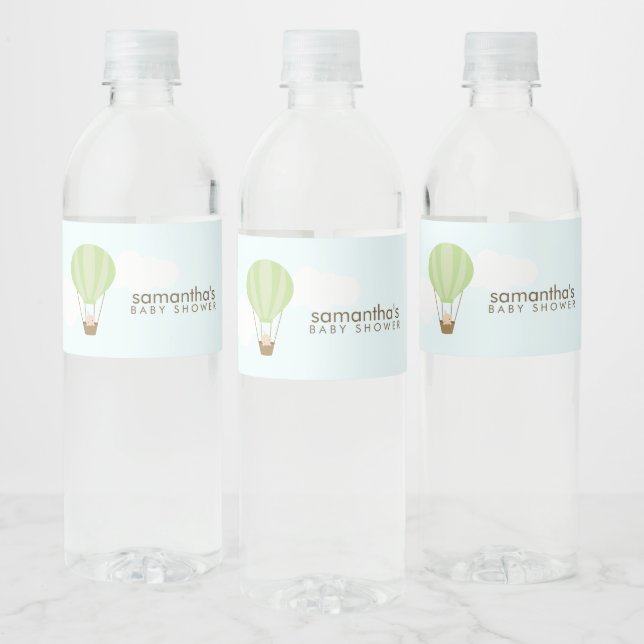 Baby in Green Hot Air Balloon Water Bottle Label (Bottles)