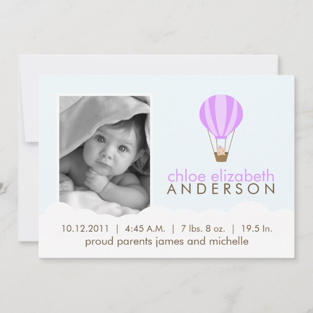 Baby in Hot Air Balloon Birth Announcements (Front)