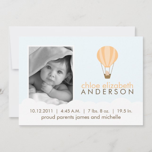 Baby in Orange Balloon Baby Photo Birth Announcement (Front)