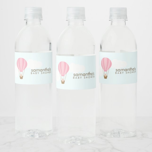 Baby in Pink Hot Air Balloon Water Bottle Label (Bottles)