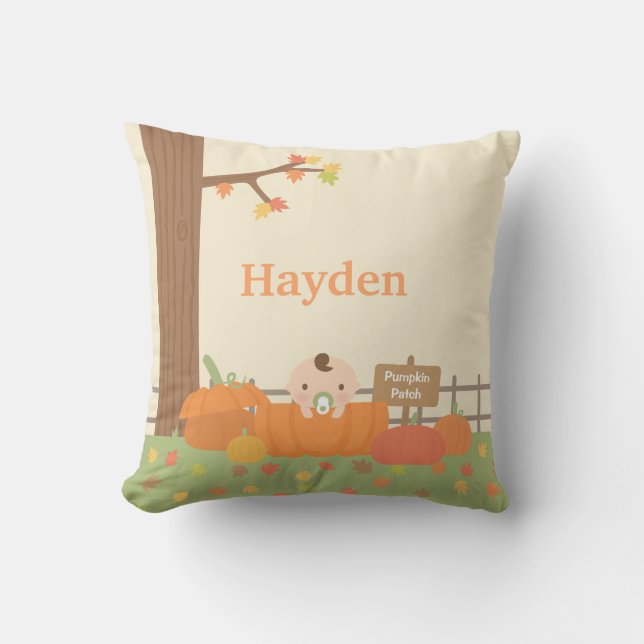 Baby in Pumpkin FunnyFall Theme Nursery Decor Throw Pillow (Front)