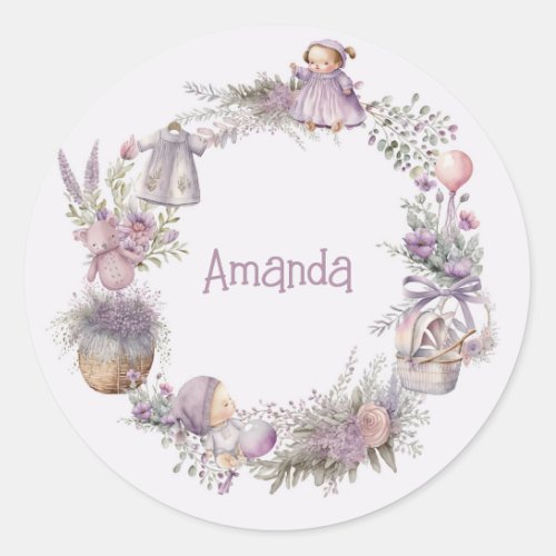 Baby in Watercolor Lavender Bloom 1st Birthday Squ Classic Round Sticker