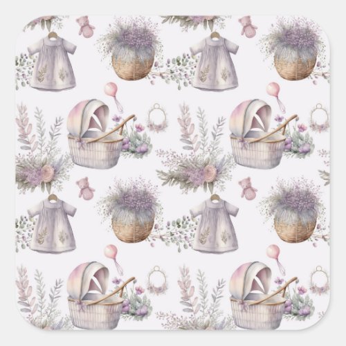 Baby in Watercolor Lavender Bloom 1st Birthday Square Sticker