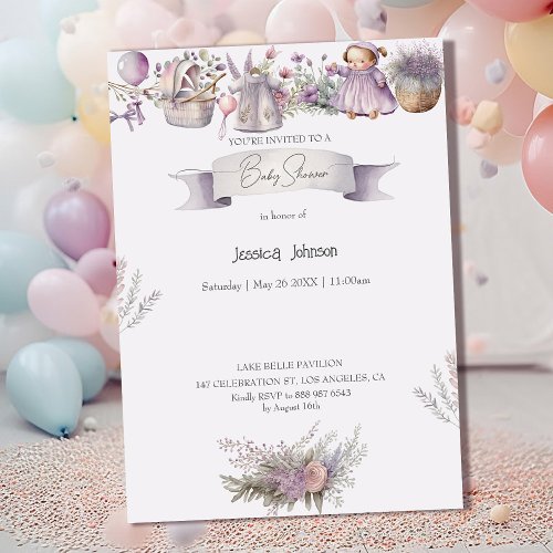 Baby in Watercolor Lavender Bloom Baby Shower Invitation