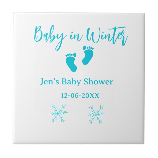 Baby in Winter baby shower blue baby feet snowflak Ceramic Tile (Front)