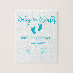 Baby in Winter baby shower blue baby feet snowflak Jigsaw Puzzle