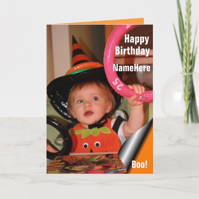 Baby in Witch Hat & Ring Toss Halloween Birthday Card (Front)