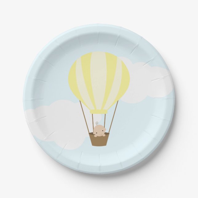 Baby in Yellow Hot Air Balloon Baby Shower Paper Plates (Front)