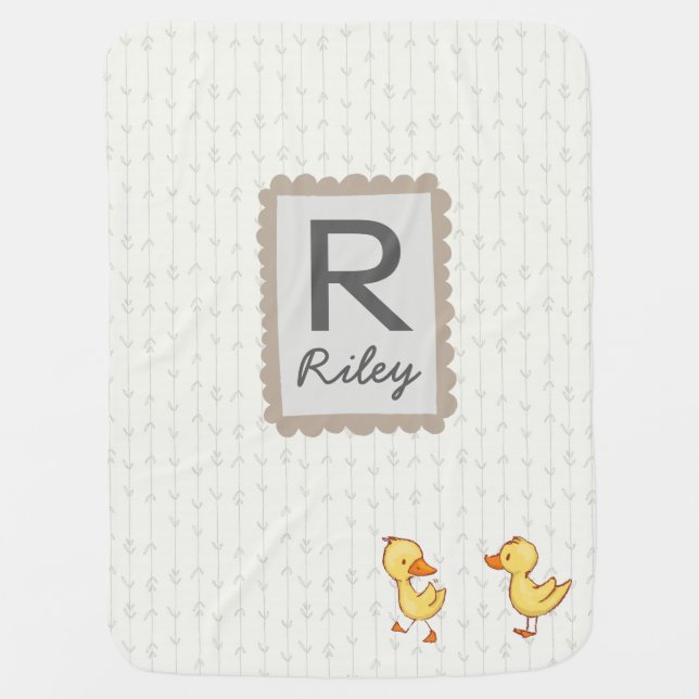 Baby Initial Name Blanket Neutral Cute Ducks (Front)