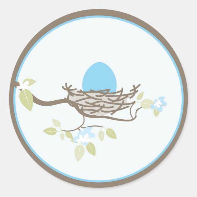 Baby Invitation/Favor Sticker - Blue Egg in Nest (Front)