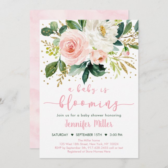 Baby Is Blooming Blush Gold Floral Baby Shower Invitation (Front/Back)