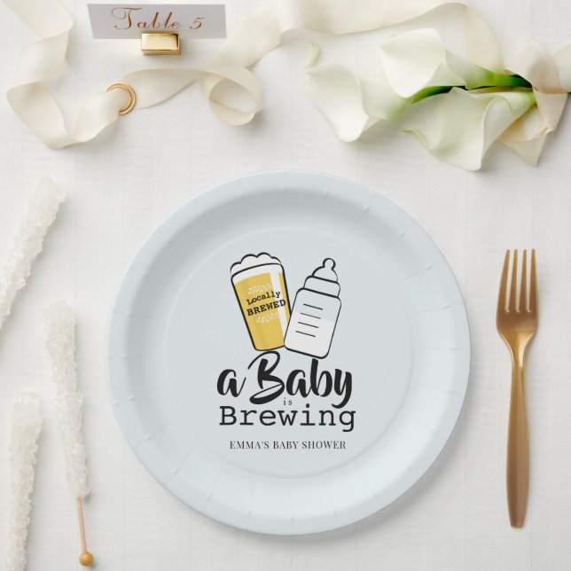 Baby is Brewing Beer Baby Bottle Blue Baby Shower Paper Plates (Wedding)