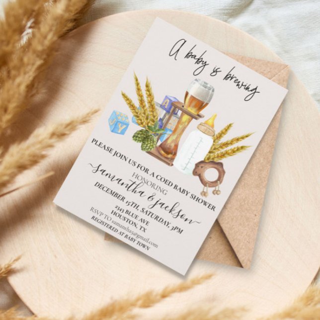 Baby is Brewing Beer Coed Shower Watercolor Invita Invitation (Creator Uploaded)