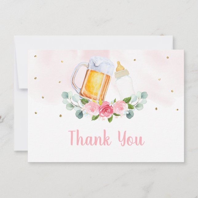 Baby Is Brewing Beer Pink Floral Thank You Card (Front)