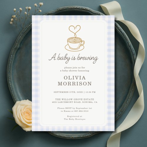 Baby is Brewing Blue Boy Coffee Baby Shower Invitation