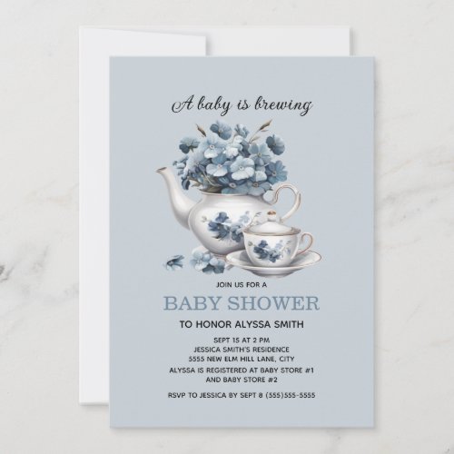 Baby is Brewing Blue Floral Baby Boy Invitation