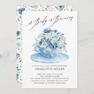 Baby is Brewing Blue Floral Baby Boy Tea  Invitation