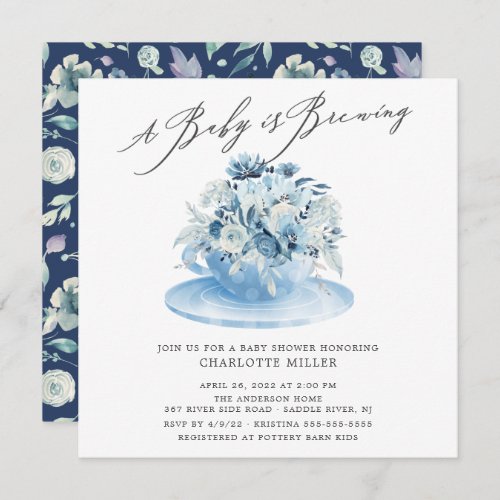 Baby is Brewing Blue Floral Baby Tea Invitation