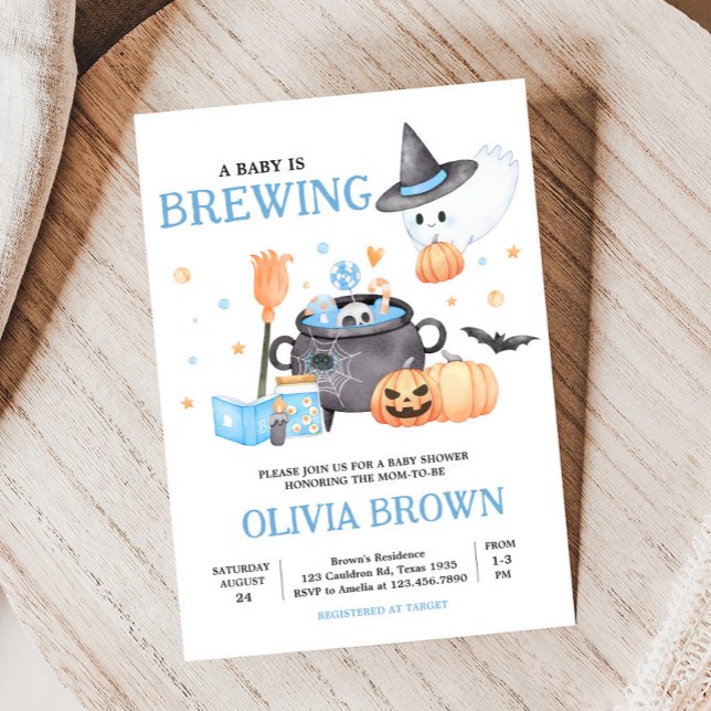 Baby is Brewing Blue Halloween Baby Shower Invitation (Baby is Brewing Baby Shower Invitation)