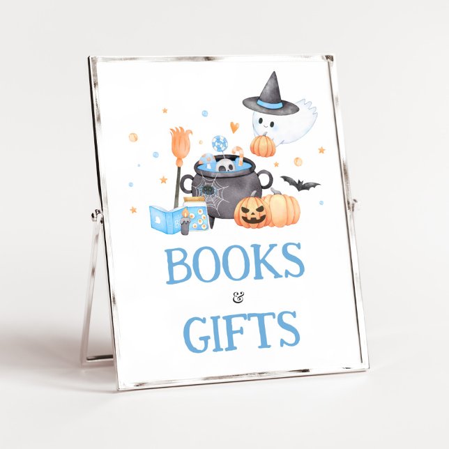 Baby is Brewing Blue Halloween Books and Gifts Poster (Baby is Brewing Baby Shower Books and Gifts Sign)