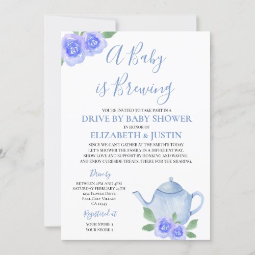 Baby is Brewing Blue Teapot Drive By Baby Shower Invitation