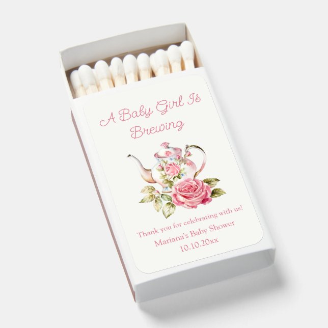 baby is brewing botanical tea party baby shower  matchboxes (Front Open)