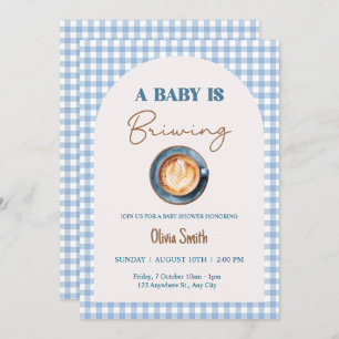 Baby is Brewing Coffee Baby Shower Blue Gingham  Invitation
