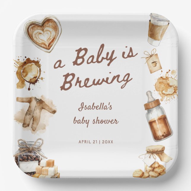 Baby Is Brewing Coffee Brown Baby Shower Paper Plates (Front)