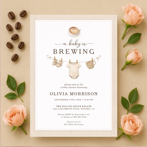 Baby Is Brewing Neutral Gingham or plaid baby shower invitation