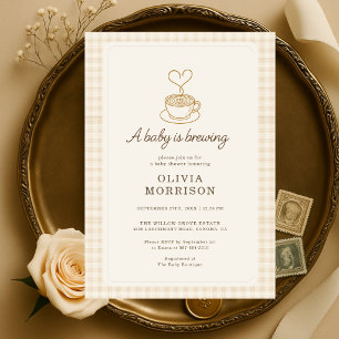Baby is Brewing Coffee Gingham Baby Shower Invitation