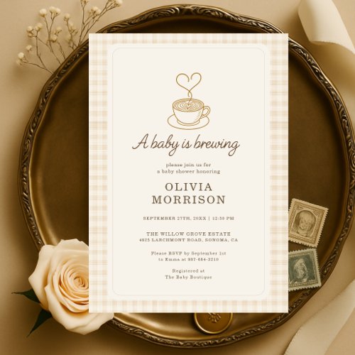 Baby is Brewing Coffee Gingham Baby Shower Invitation