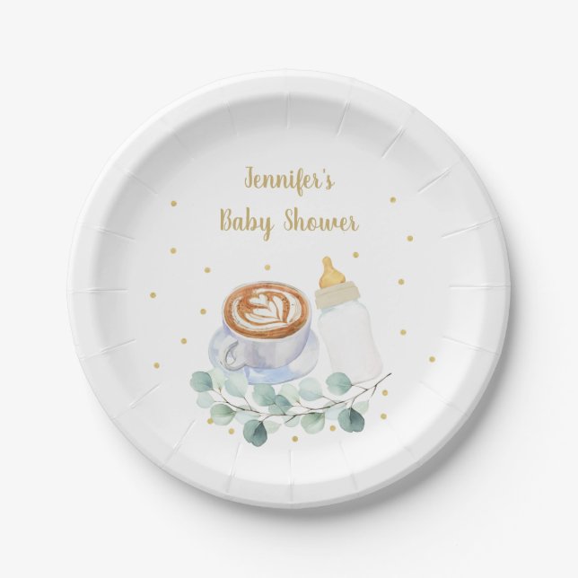 Baby Is Brewing Coffee Greenery Baby Shower Paper Plates (Front)