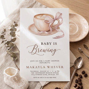 Baby is Brewing Coffee Pink Bow Girl Baby Shower Invitation