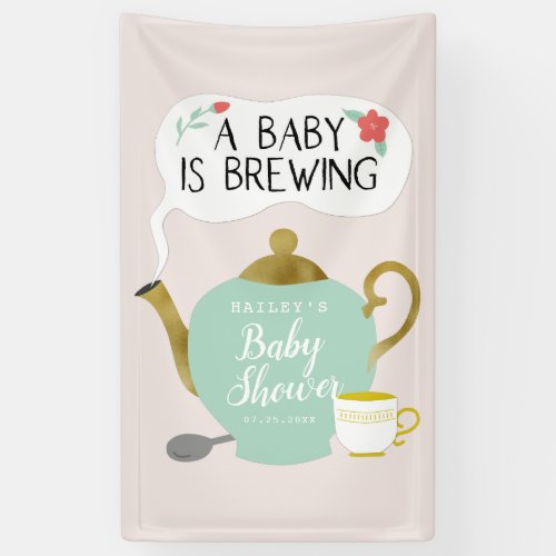 Baby Is Brewing Cute Pink and Green Tea Party Banner