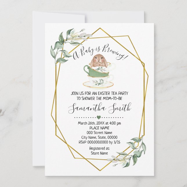 Baby is Brewing Easter Tea Greenery Shower invite (Front)
