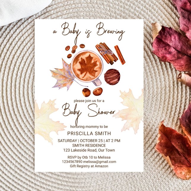 Baby is brewing fall autumn baby shower invitation (Baby is brewing fall themed baby shower template invitation digital download cup of tea spices maple)