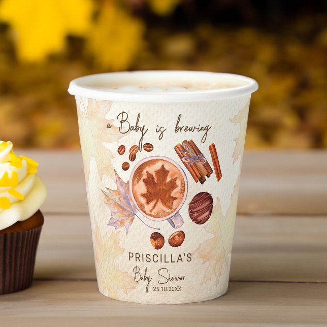 Baby is brewing fall autumn baby shower paper cups (A Baby is brewing fall autumn baby shower monogrammed customized paper cups personalized tableware)
