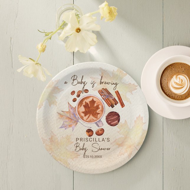 Baby is brewing fall autumn baby shower paper plates (Baby is brewing fall autumn coffee baby shower monogrammed custom paper plates personalized decor )