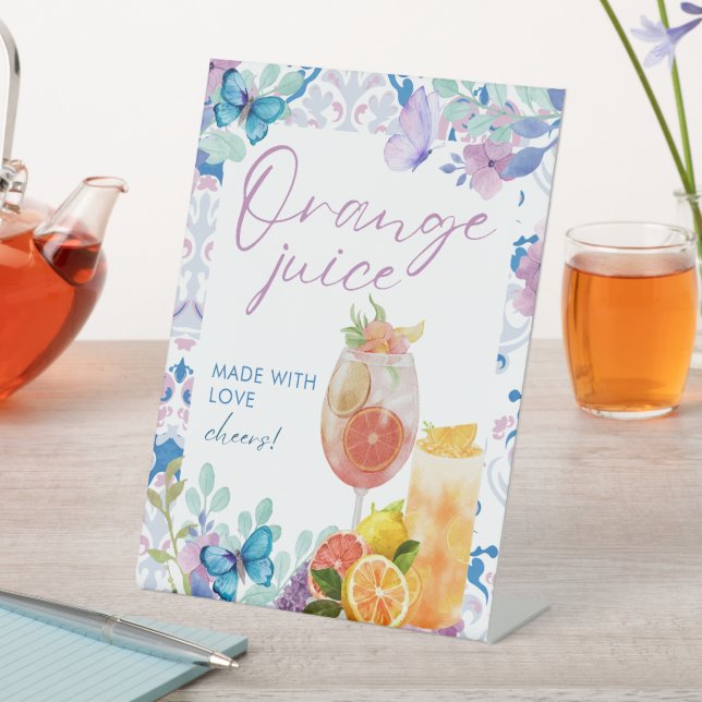 Baby is brewing floral Baby Shower Orange juice Pedestal Sign (In SItu)