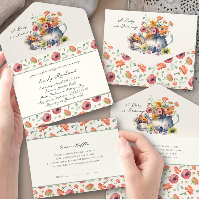 Baby is Brewing Floral Teapot Baby Shower All In One Invitation (Trifold Baby Shower Invitation. All-in-One design with book request + tear-off Diaper Raffle Ticket)