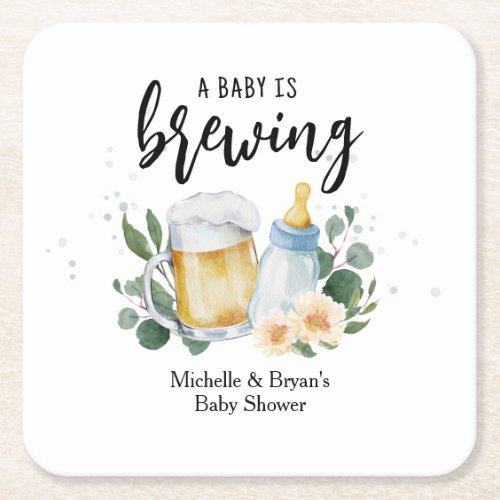 Baby Is Brewing Greenery Baby Shower Beer Square Paper Coaster